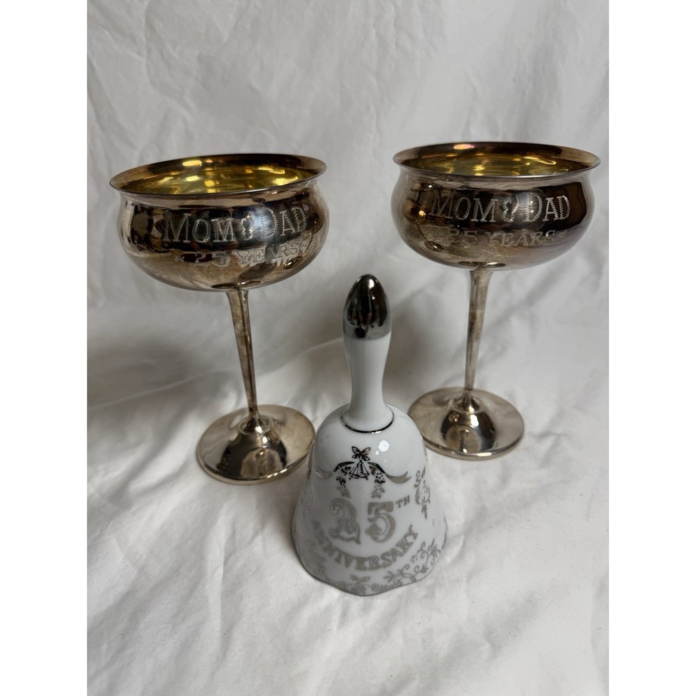 Vintage Sheridan Silverplate Goblets Mom And Dad 25 Years Anniversary Bell Set